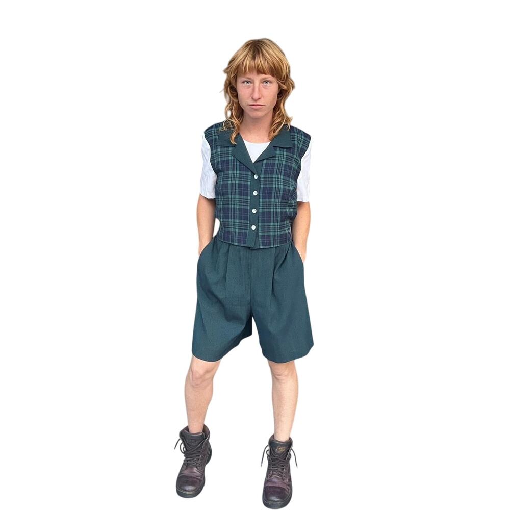 Vintage 80s In Touch Green Plaid Romper – Belted Shorts Jumpsuit, Rayon M